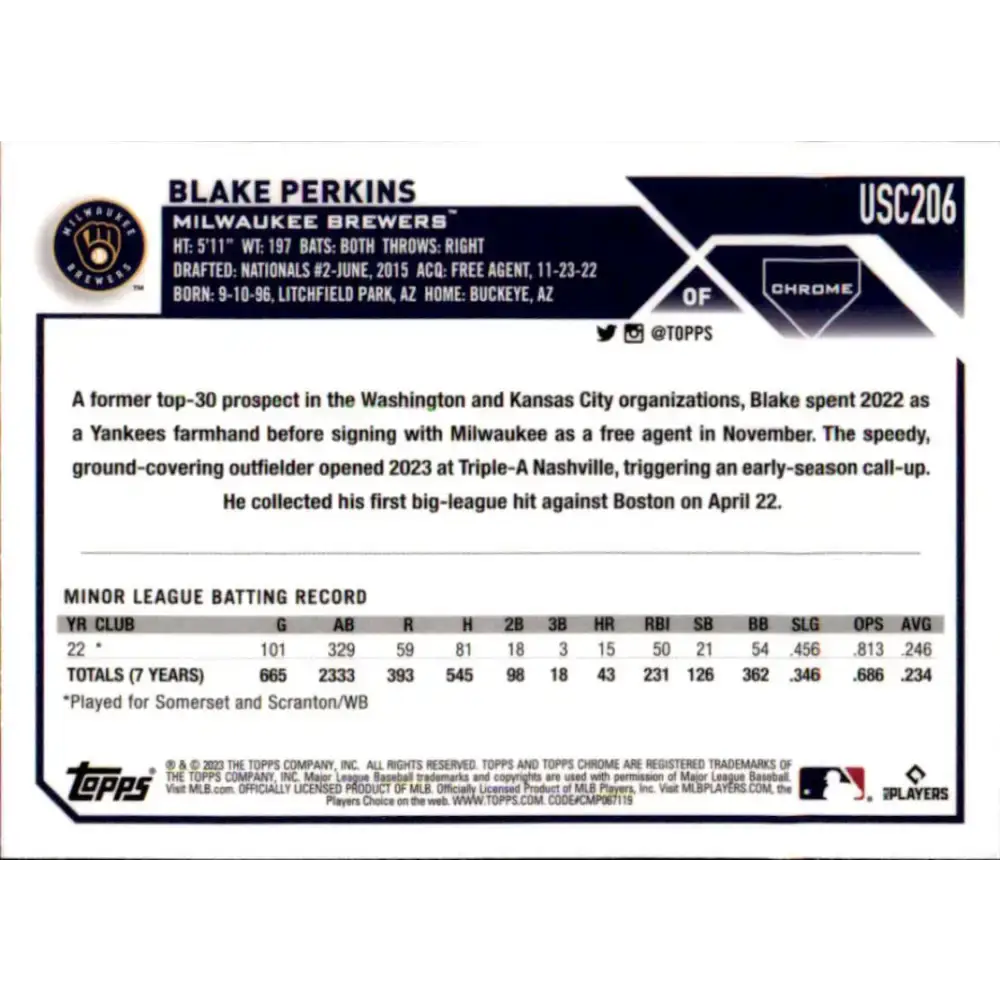 2023 Topps Chrome Update #USC206 Blake Perkins NM-MT RC Rookie Milwaukee Brewers Baseball Card - Baseball Card Single