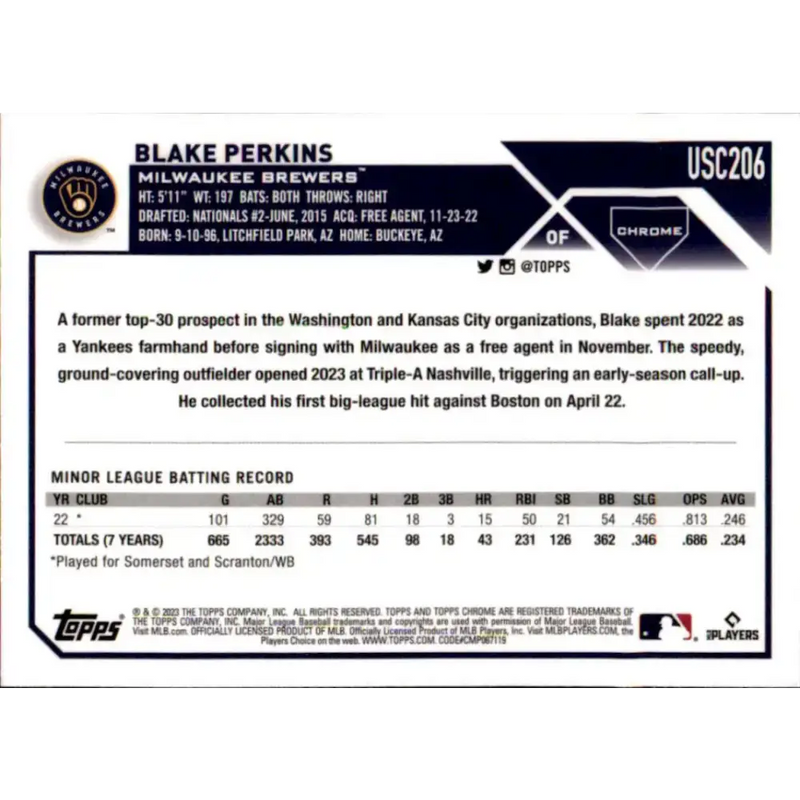 2023 Topps Chrome Update #USC206 Blake Perkins NM-MT RC Rookie Milwaukee Brewers Baseball Card - Baseball Card Single