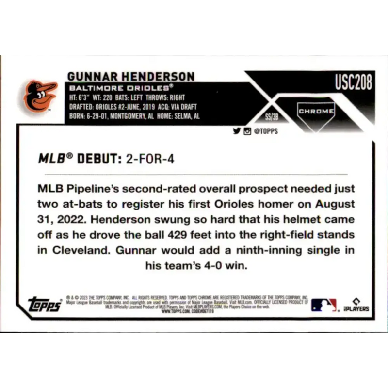 2023 Topps Chrome Update #USC208 Gunnar Henderson NM-MT Baltimore Orioles Baseball Card - Baseball Card Single