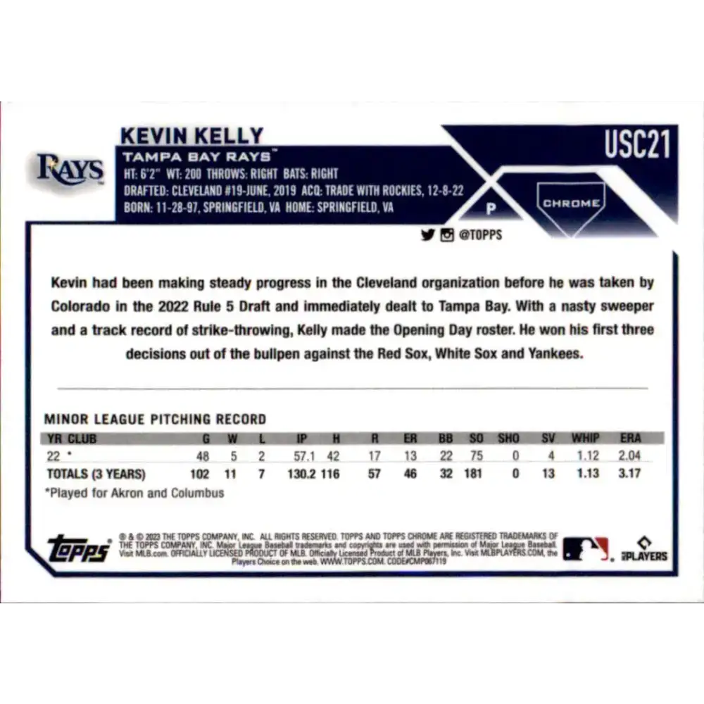 2023 Topps Chrome Update #USC21 Kevin Kelly NM-MT RC Rookie Tampa Bay Rays Baseball Card - Baseball Card Single