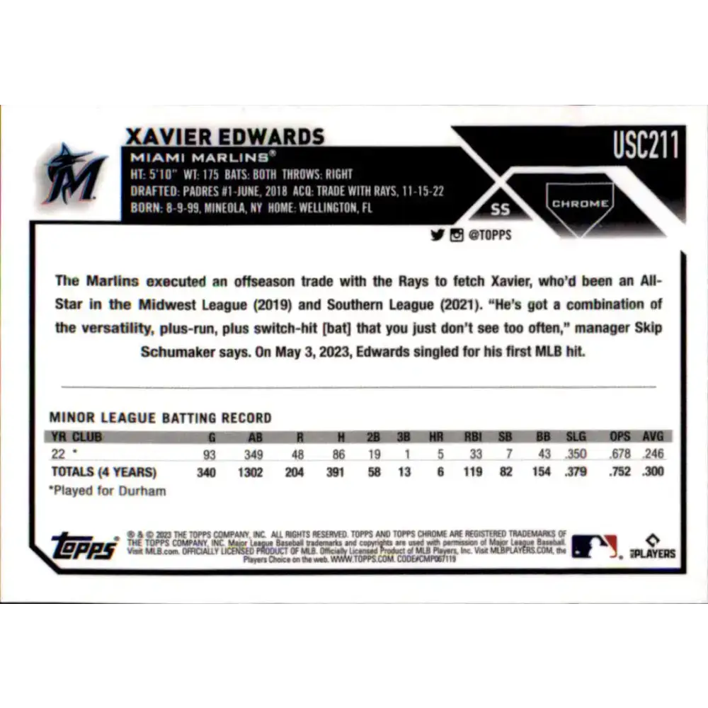 2023 Topps Chrome Update #USC211 Xavier Edwards NM-MT RC Rookie Miami Marlins Baseball Card - Baseball Card Single
