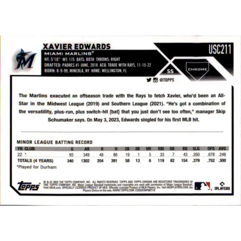 2023 Topps Chrome Update #USC211 Xavier Edwards NM-MT RC Rookie Miami Marlins Baseball Card - Baseball Card Single