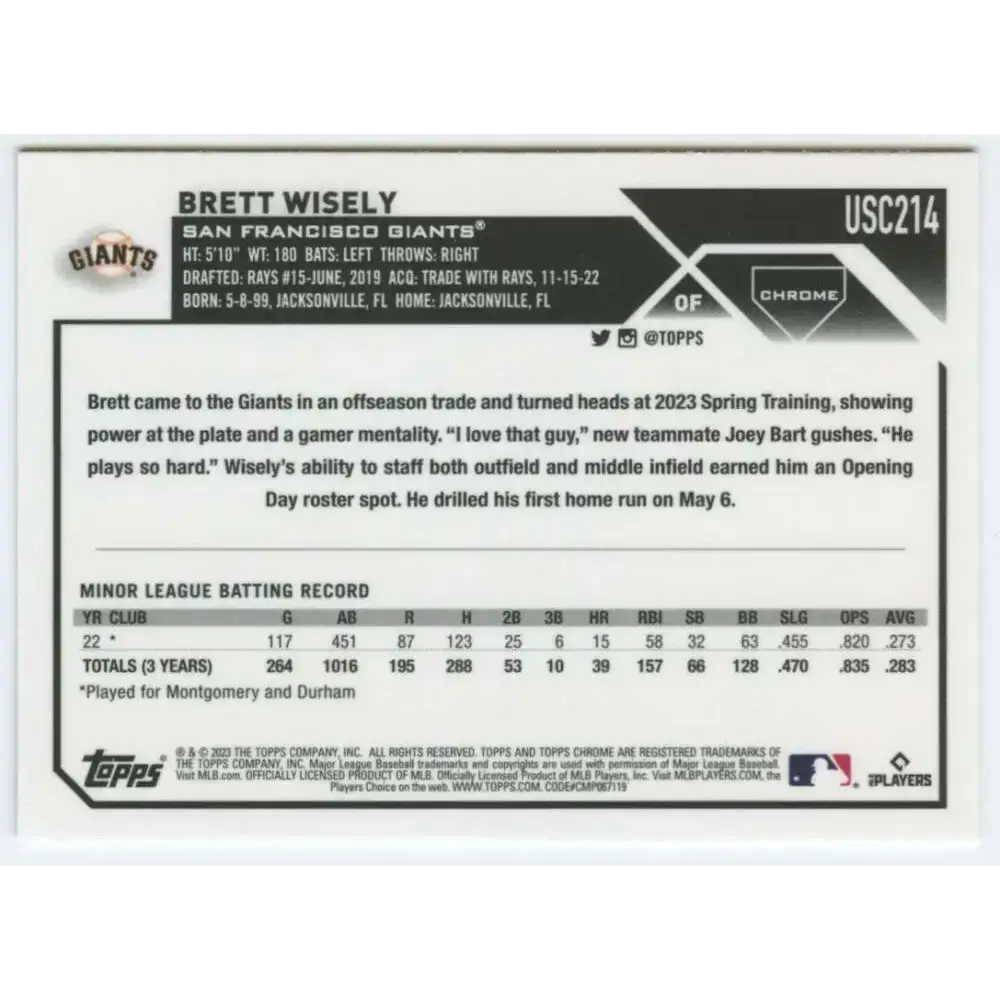 2023 Topps Chrome Update #USC214 Brett Wisely NM-MT RC Rookie San Francisco Giants Baseball Card - Baseball Card Single