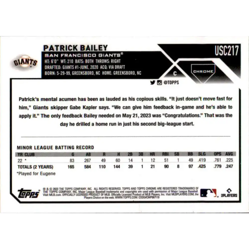 2023 Topps Chrome Update #USC217 Patrick Bailey NM-MT RC Rookie San Francisco Giants Baseball Card - Baseball Card