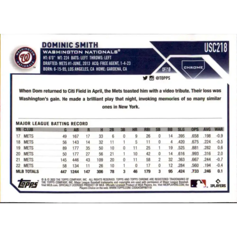 2023 Topps Chrome Update #USC218 Dominic Smith NM-MT Washington Nationals Baseball Card - Baseball Card Single