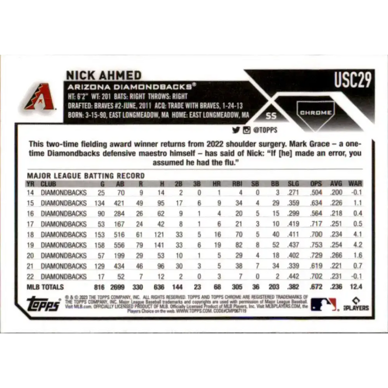 2023 Topps Chrome Update #USC29 Nick Ahmed NM-MT Arizona Diamondbacks Baseball Card - Baseball Card Single