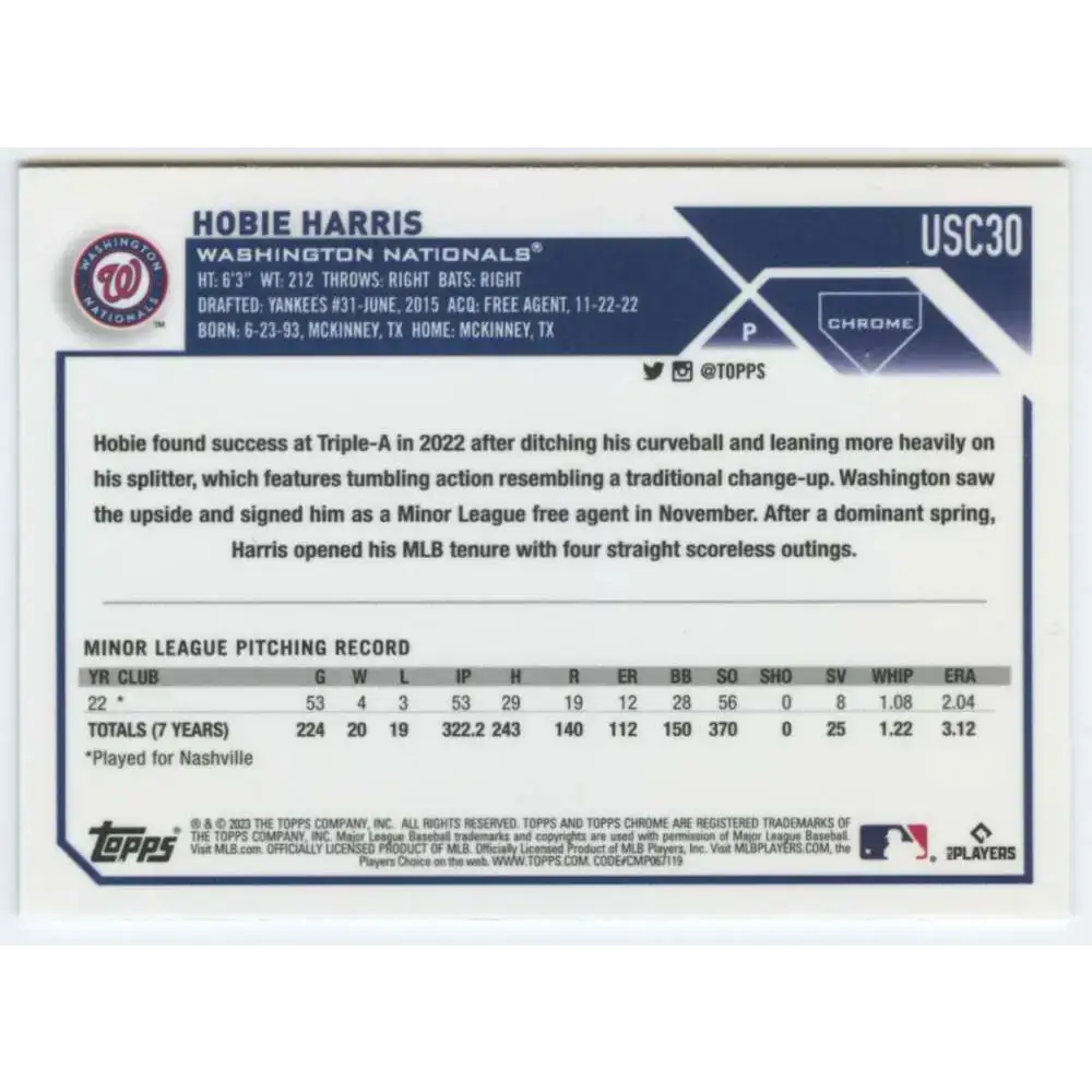 2023 Topps Chrome Update #USC30 Hobie Harris NM-MT RC Rookie Washington Nationals Baseball Card - Baseball Card Single