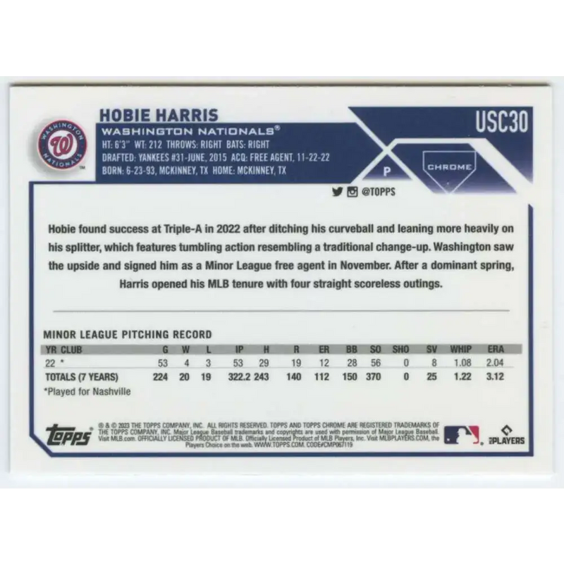 2023 Topps Chrome Update #USC30 Hobie Harris NM-MT RC Rookie Washington Nationals Baseball Card - Baseball Card Single