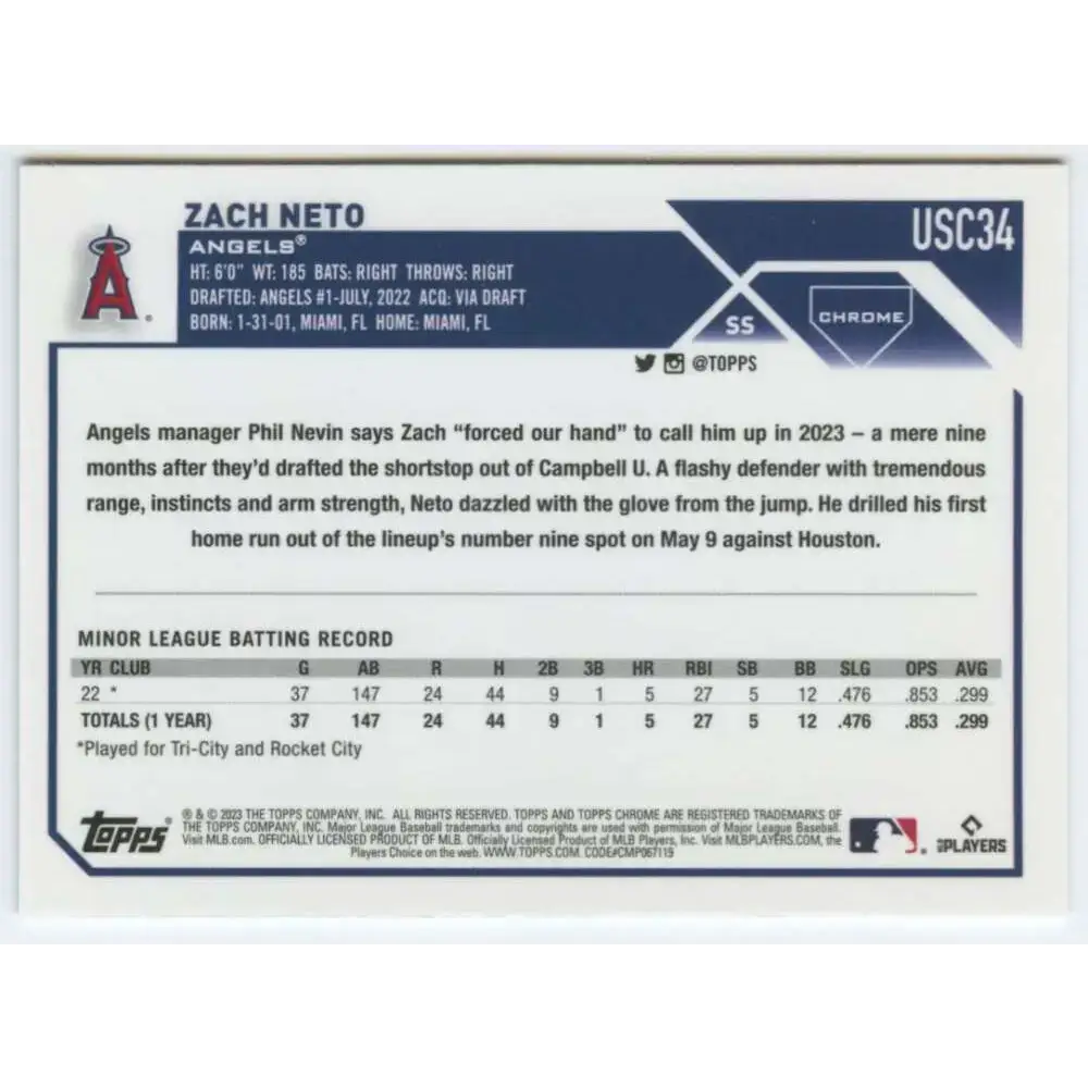 2023 Topps Chrome Update #USC34 Zach Neto NM-MT RC Rookie Los Angeles Angels Baseball Card - Baseball Card Single