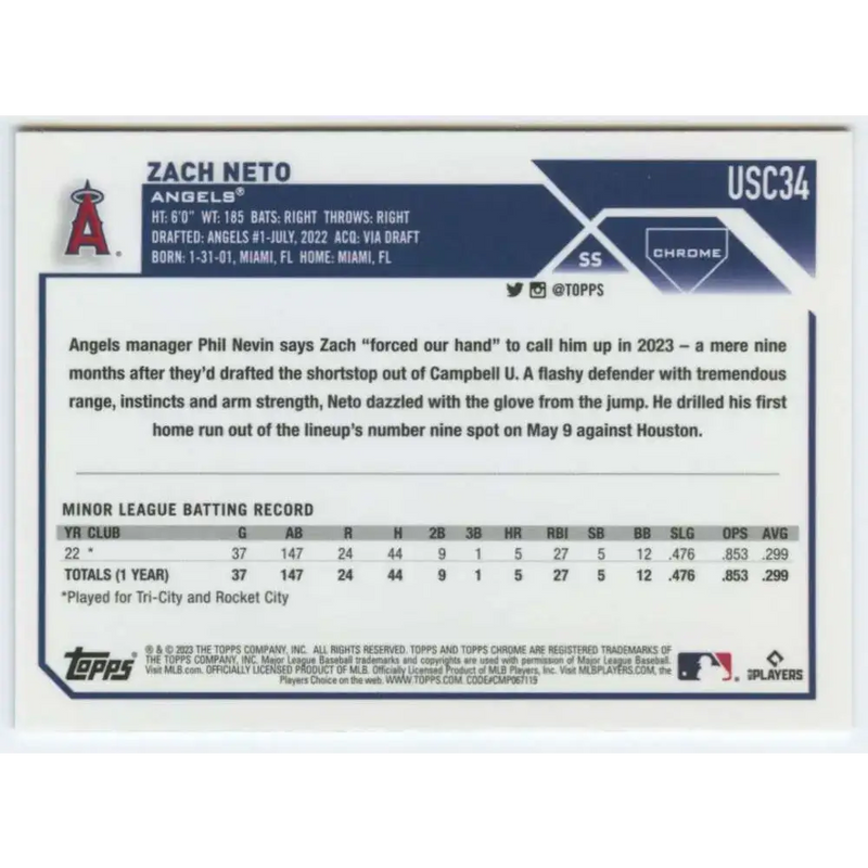 2023 Topps Chrome Update #USC34 Zach Neto NM-MT RC Rookie Los Angeles Angels Baseball Card - Baseball Card Single