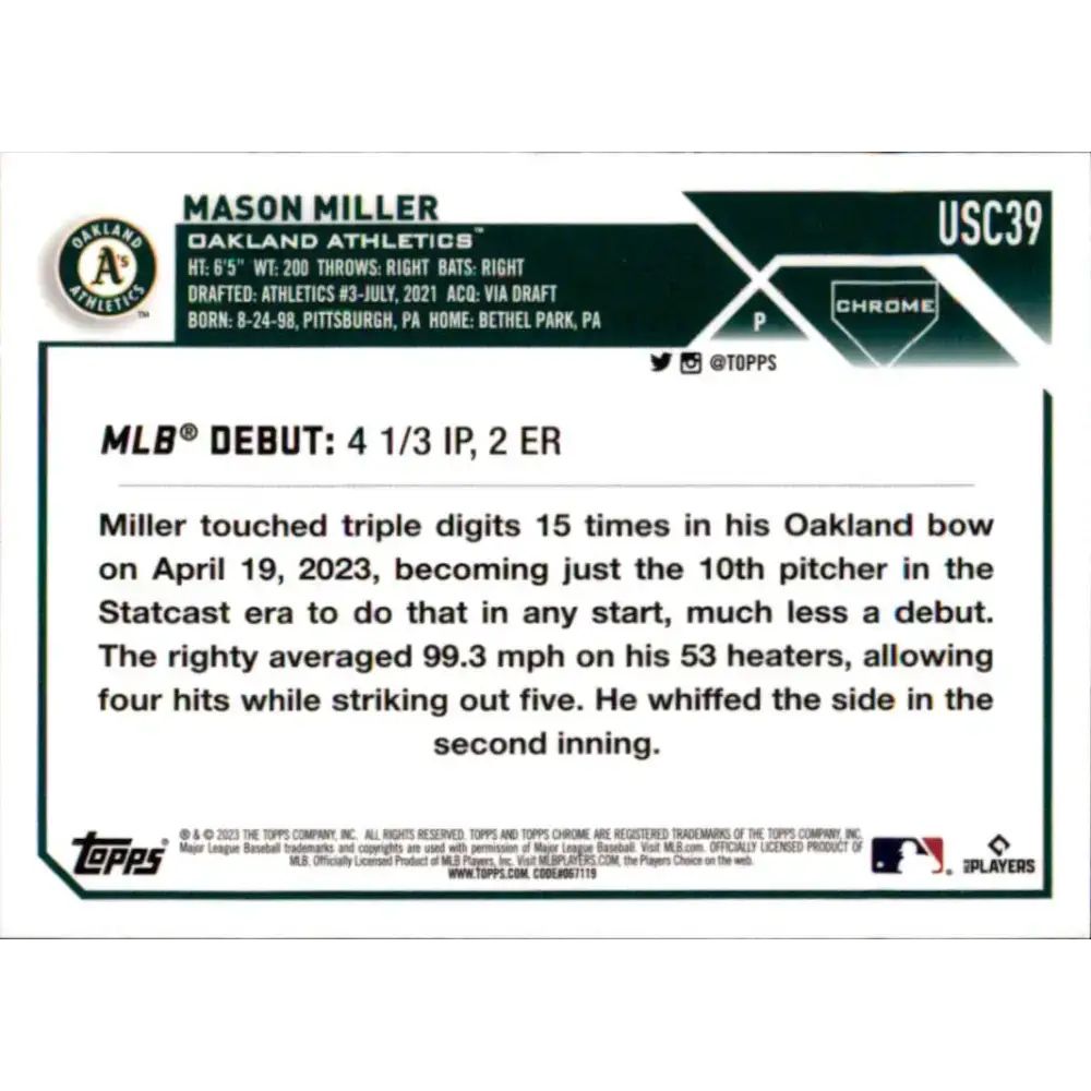 2023 Topps Chrome Update #USC39 Mason Miller NM-MT Oakland Athletics Baseball Card - Baseball Card Single