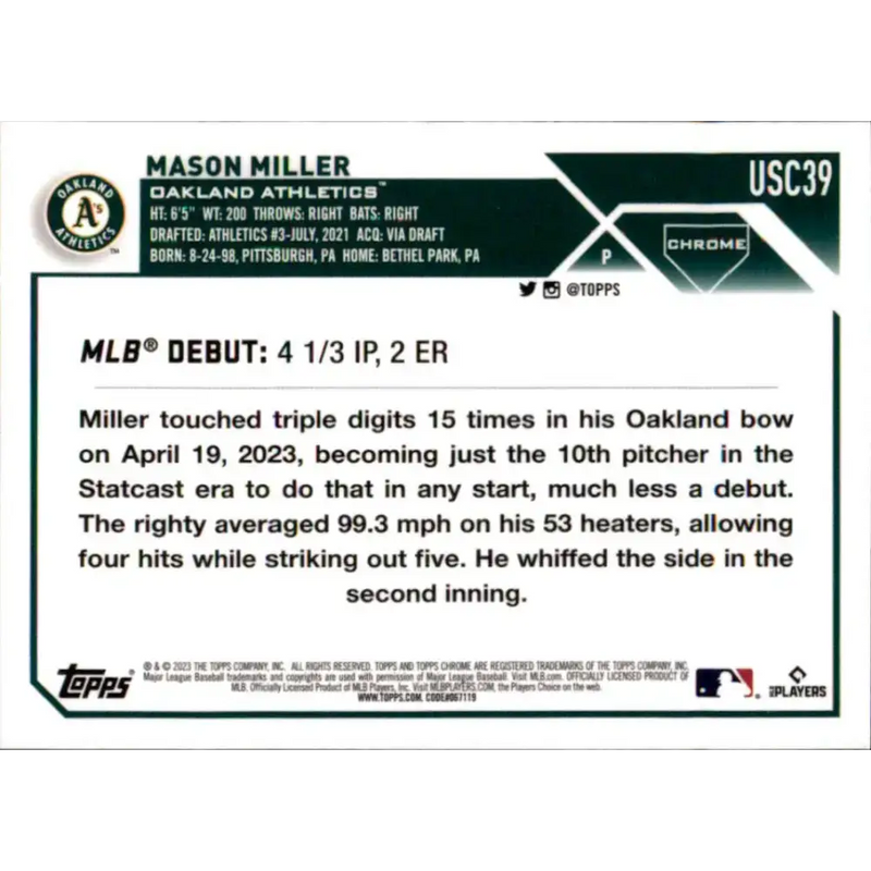 2023 Topps Chrome Update #USC39 Mason Miller NM-MT Oakland Athletics Baseball Card - Baseball Card Single