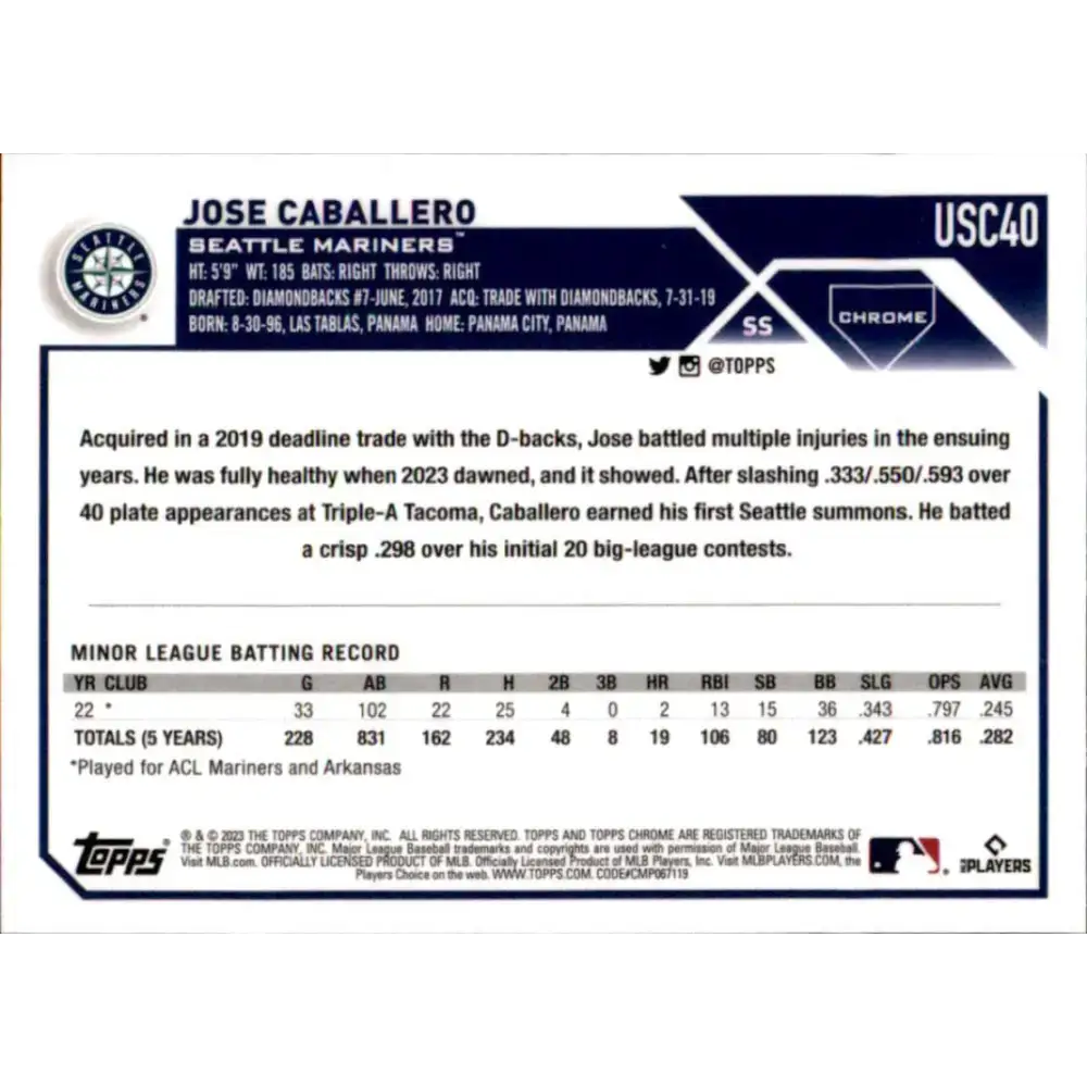 2023 Topps Chrome Update #USC40 Jose Caballero NM-MT RC Rookie Seattle Mariners Baseball Card - Baseball Card Single