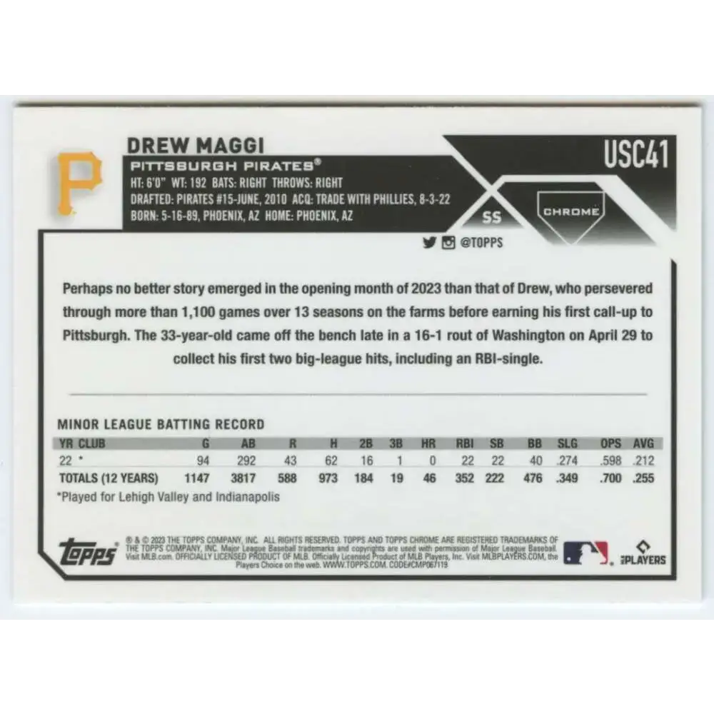 2023 Topps Chrome Update #USC41 Drew Maggi NM-MT RC Rookie Pittsburgh Pirates Baseball Card - Baseball Card Single