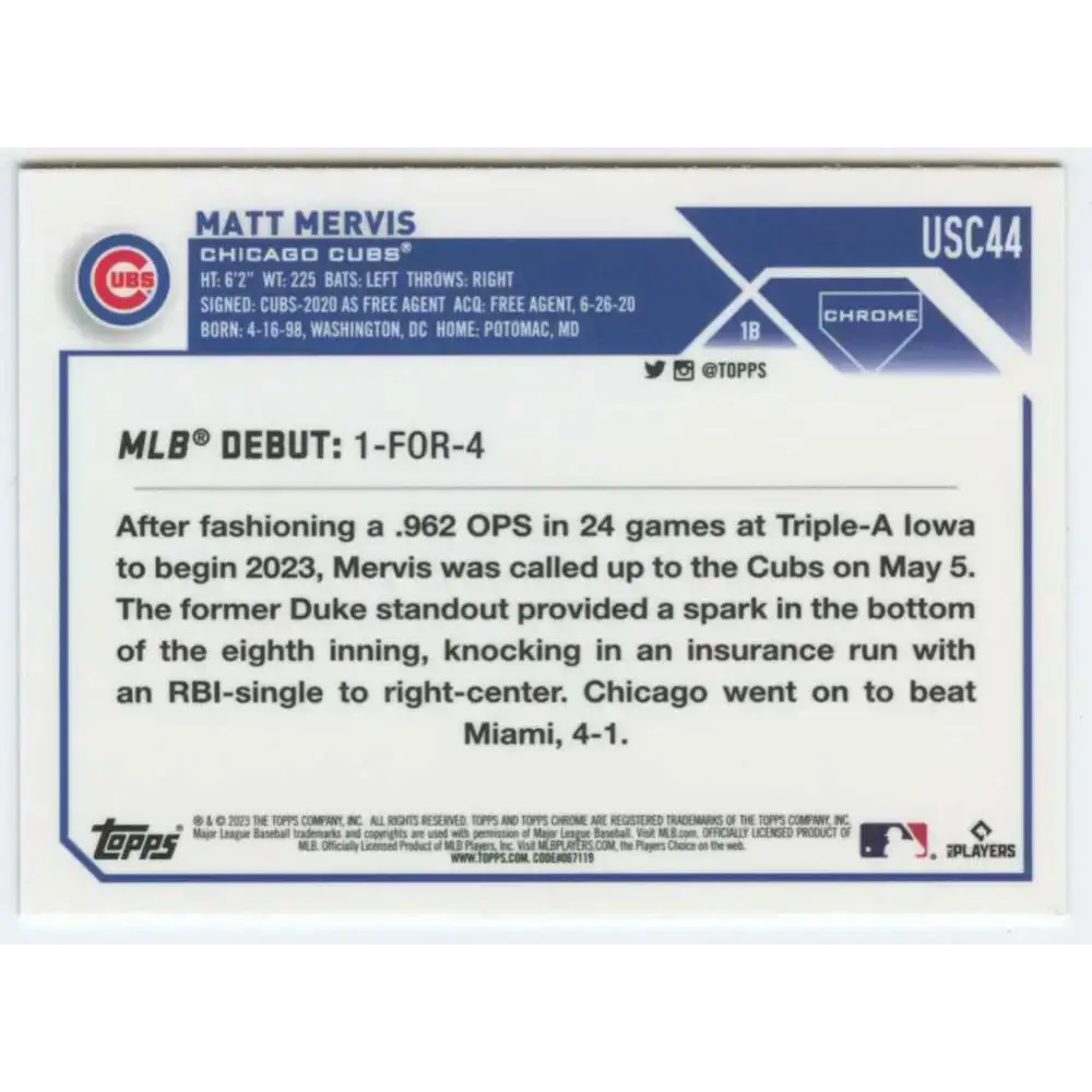 2023 Topps Chrome Update #USC44 Matt Mervis NM-MT Chicago Cubs Baseball Card - Baseball Card Single