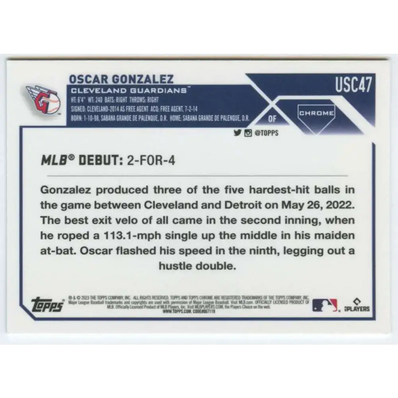2023 Topps Chrome Update #USC47 Oscar Gonzalez NM-MT Cleveland Guardians Baseball Card - Baseball Card Single