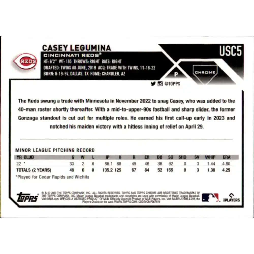 2023 Topps Chrome Update #USC5 Casey Legumina NM-MT RC Rookie Cincinnati Reds Baseball Card - Baseball Card Single