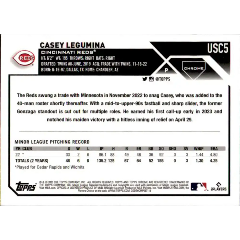 2023 Topps Chrome Update #USC5 Casey Legumina NM-MT RC Rookie Cincinnati Reds Baseball Card - Baseball Card Single