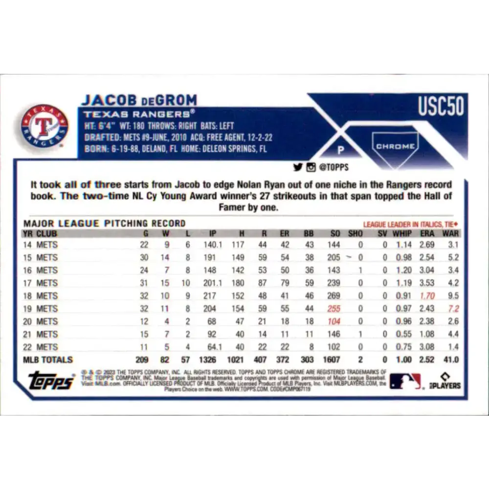 2023 Topps Chrome Update #USC50 Jacob deGrom NM-MT Texas Rangers Baseball Card - Baseball Card Single
