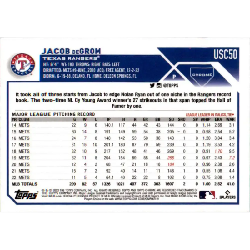 2023 Topps Chrome Update #USC50 Jacob deGrom NM-MT Texas Rangers Baseball Card - Baseball Card Single