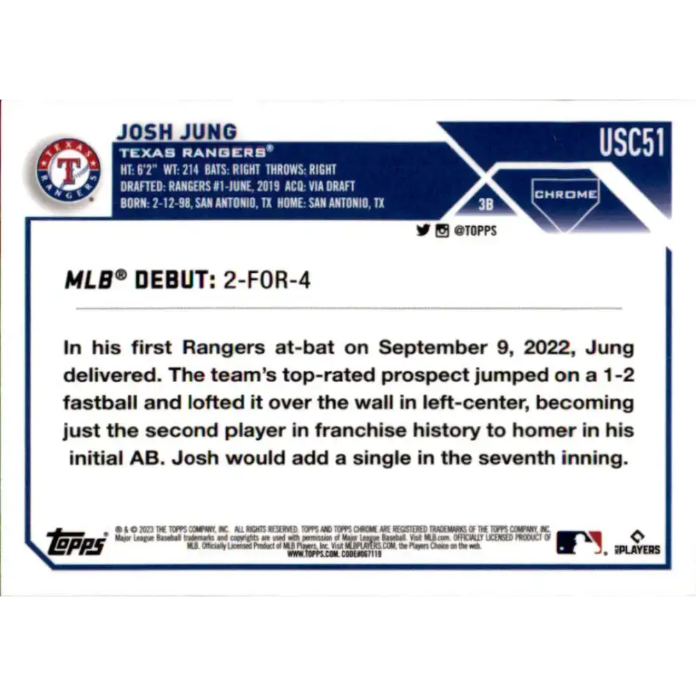 2023 Topps Chrome Update #USC51 Josh Jung NM-MT Texas Rangers Baseball Card - Baseball Card Single
