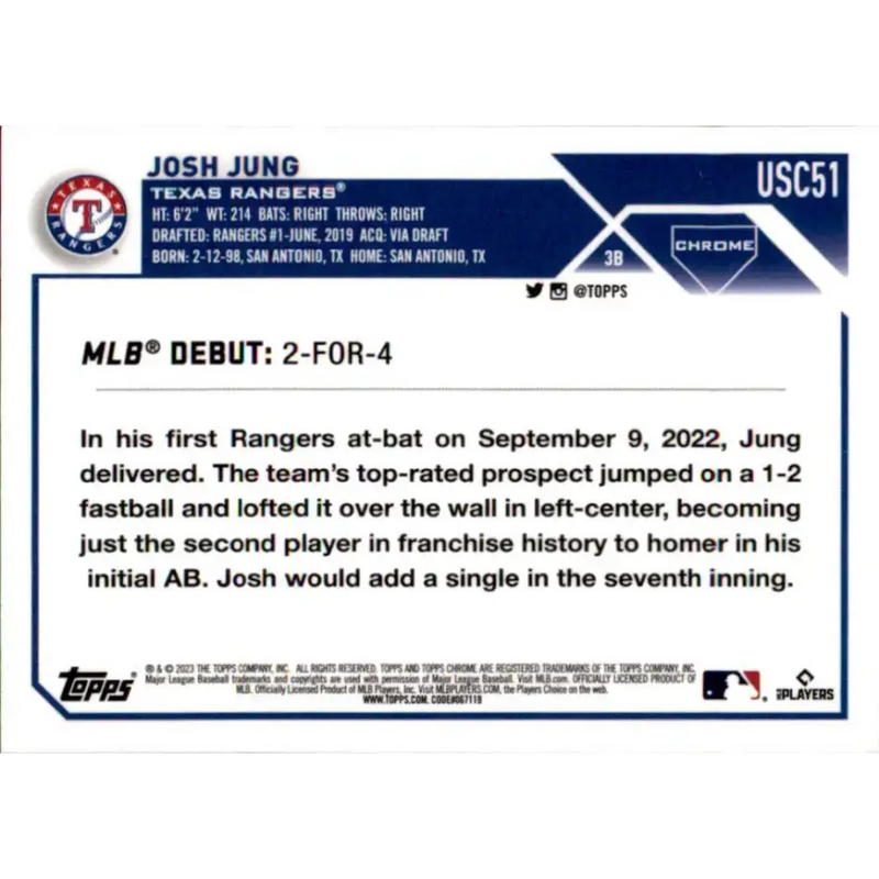 2023 Topps Chrome Update #USC51 Josh Jung NM-MT Texas Rangers Baseball Card - Baseball Card Single