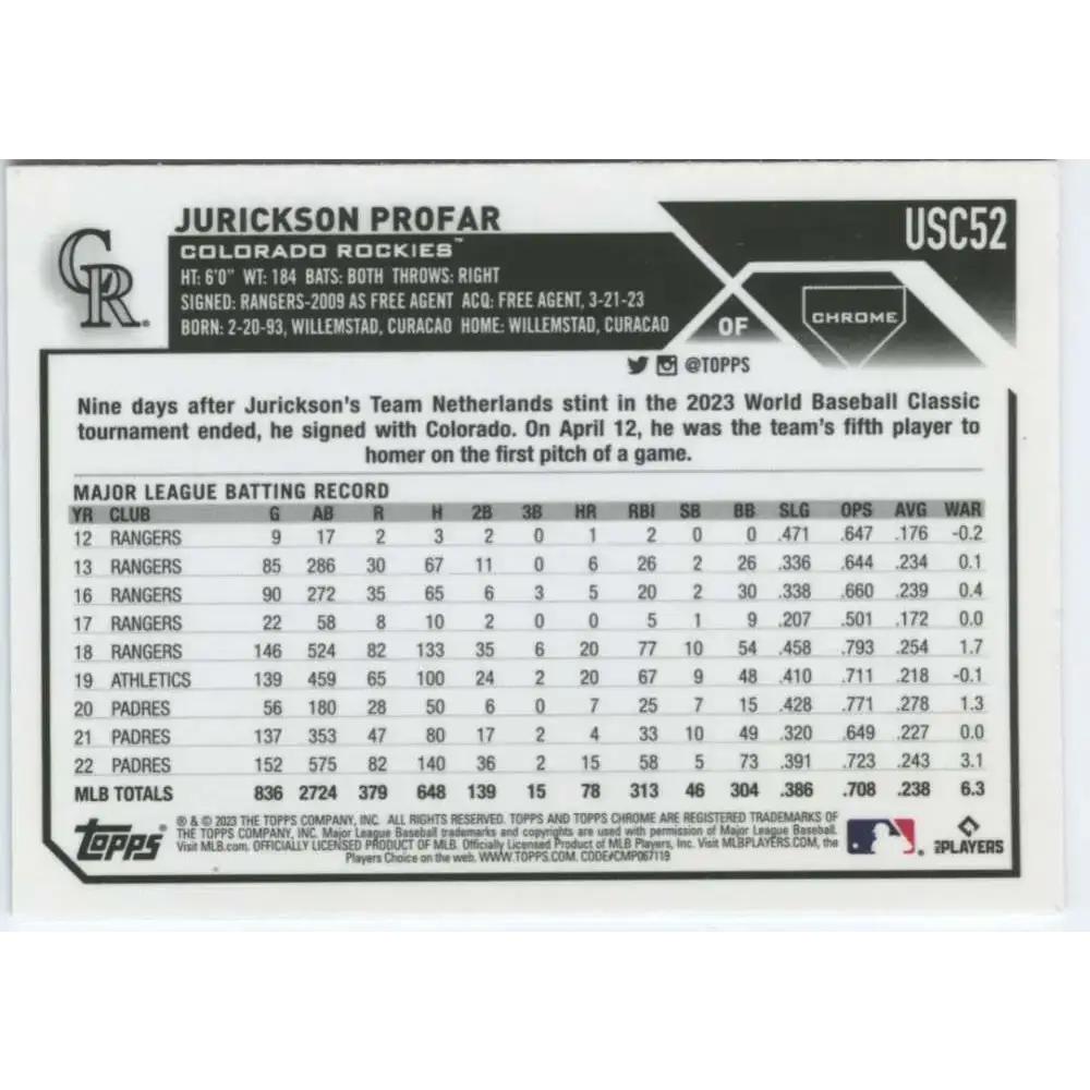 2023 Topps Chrome Update #USC52 Jurickson Profar NM-MT Colorado Rockies Baseball Card - Baseball Card Single