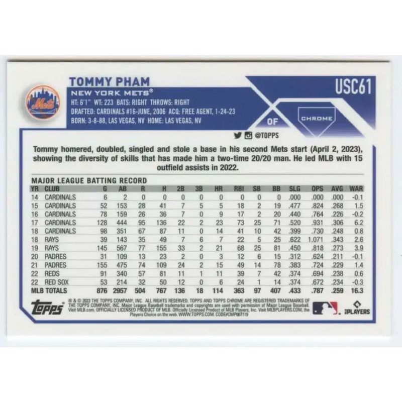2023 Topps Chrome Update #USC61 Tommy Pham NM-MT New York Mets Baseball Card - Baseball Card Single