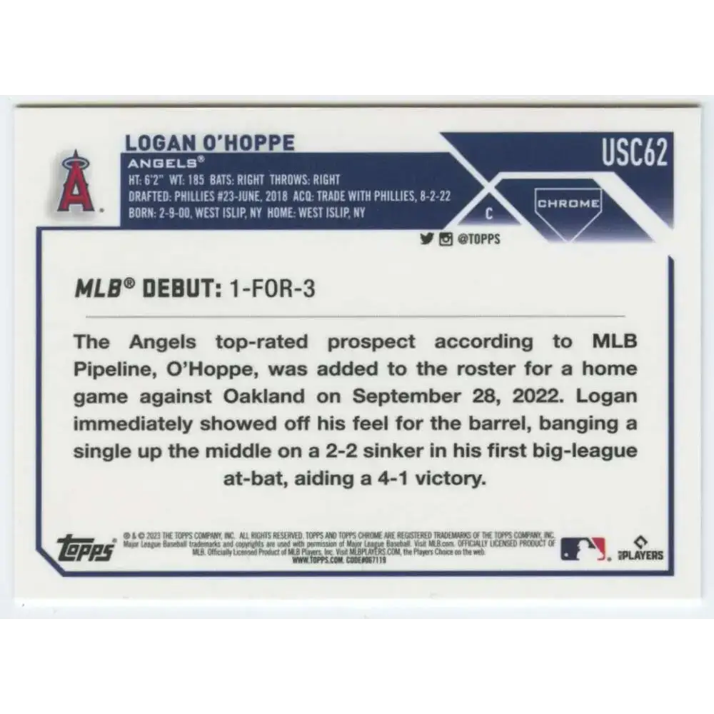 2023 Topps Chrome Update #USC62 Logan O’Hoppe NM-MT Los Angeles Angels Baseball Card - Baseball Card Single
