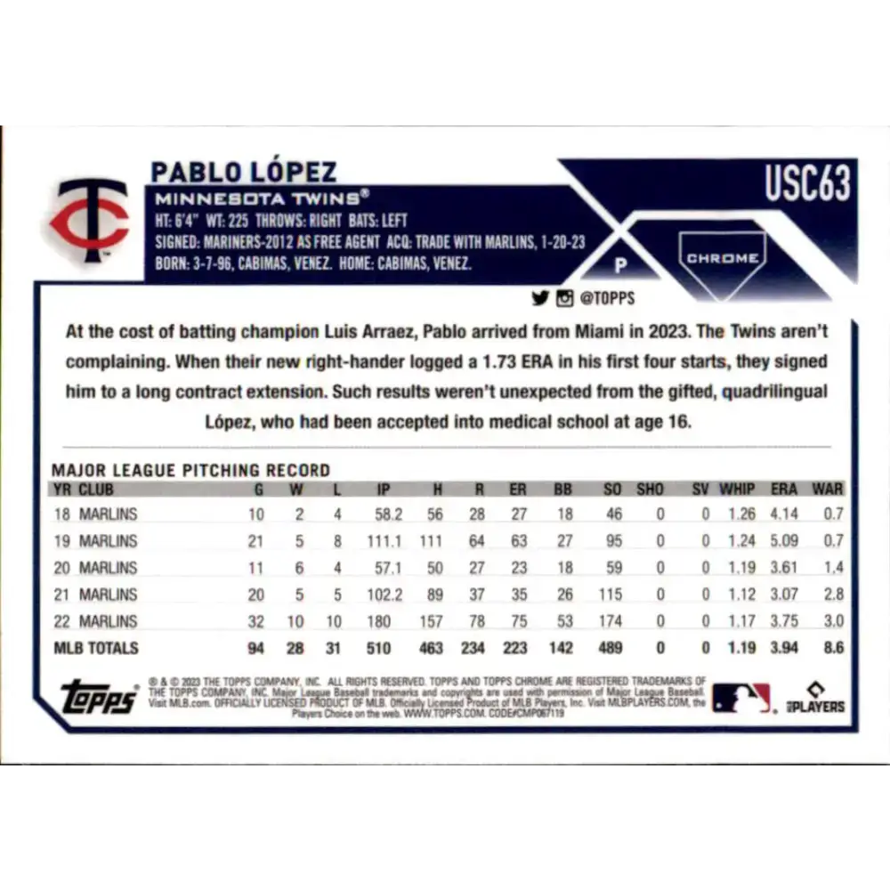 2023 Topps Chrome Update #USC63 Pablo Lopez NM-MT Minnesota Twins Baseball Card - Baseball Card Single