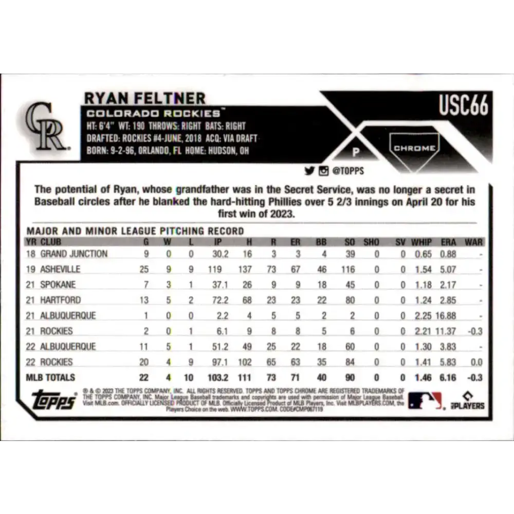 2023 Topps Chrome Update #USC66 Ryan Feltner NM-MT Colorado Rockies Baseball Card - Baseball Card Single