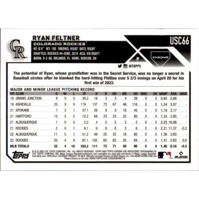 2023 Topps Chrome Update #USC66 Ryan Feltner NM-MT Colorado Rockies Baseball Card - Baseball Card Single