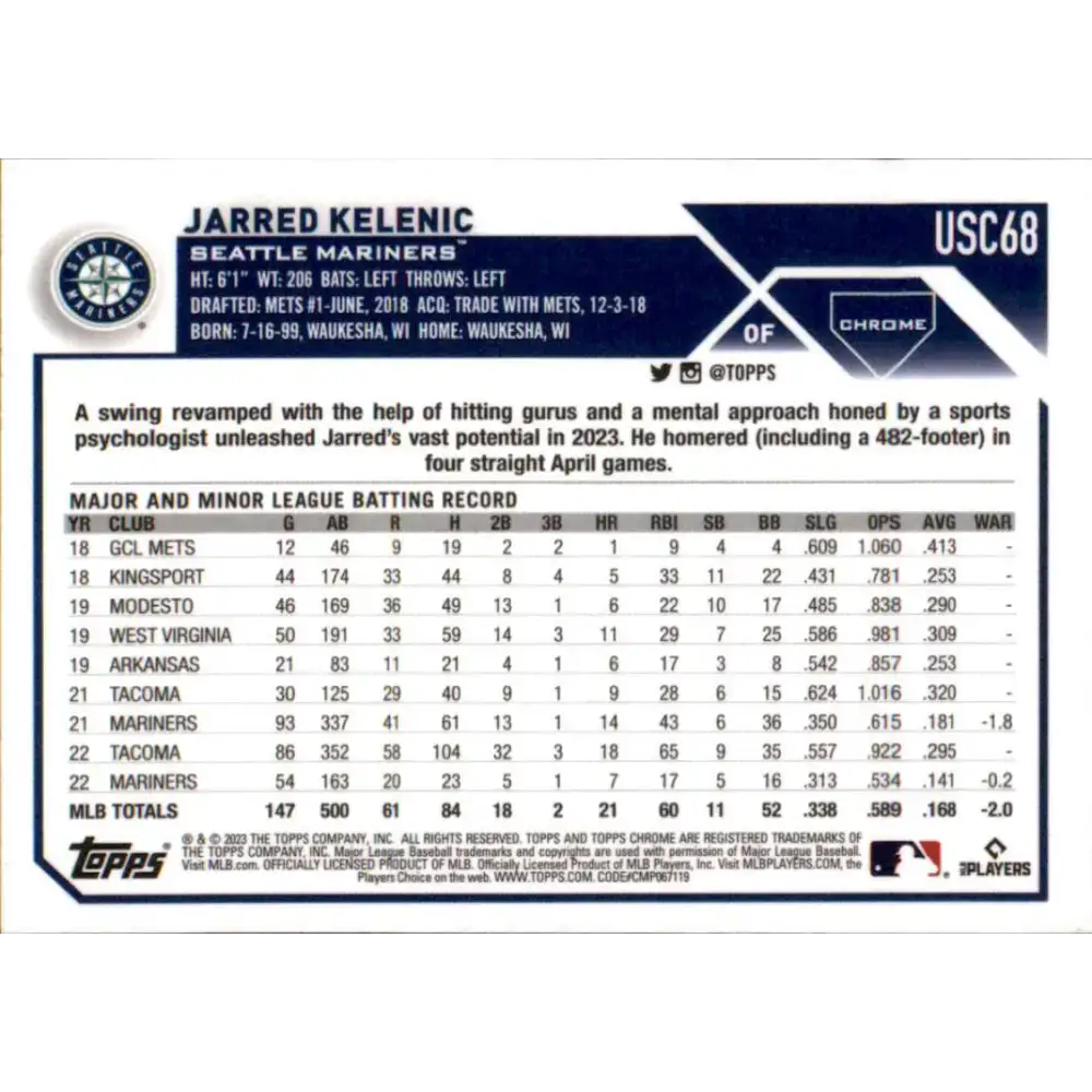 2023 Topps Chrome Update #USC68 Jarred Kelenic NM-MT Seattle Mariners Baseball Card - Baseball Card Single