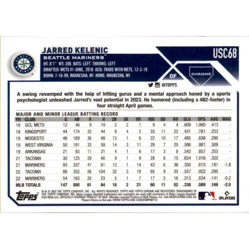 2023 Topps Chrome Update #USC68 Jarred Kelenic NM-MT Seattle Mariners Baseball Card - Baseball Card Single