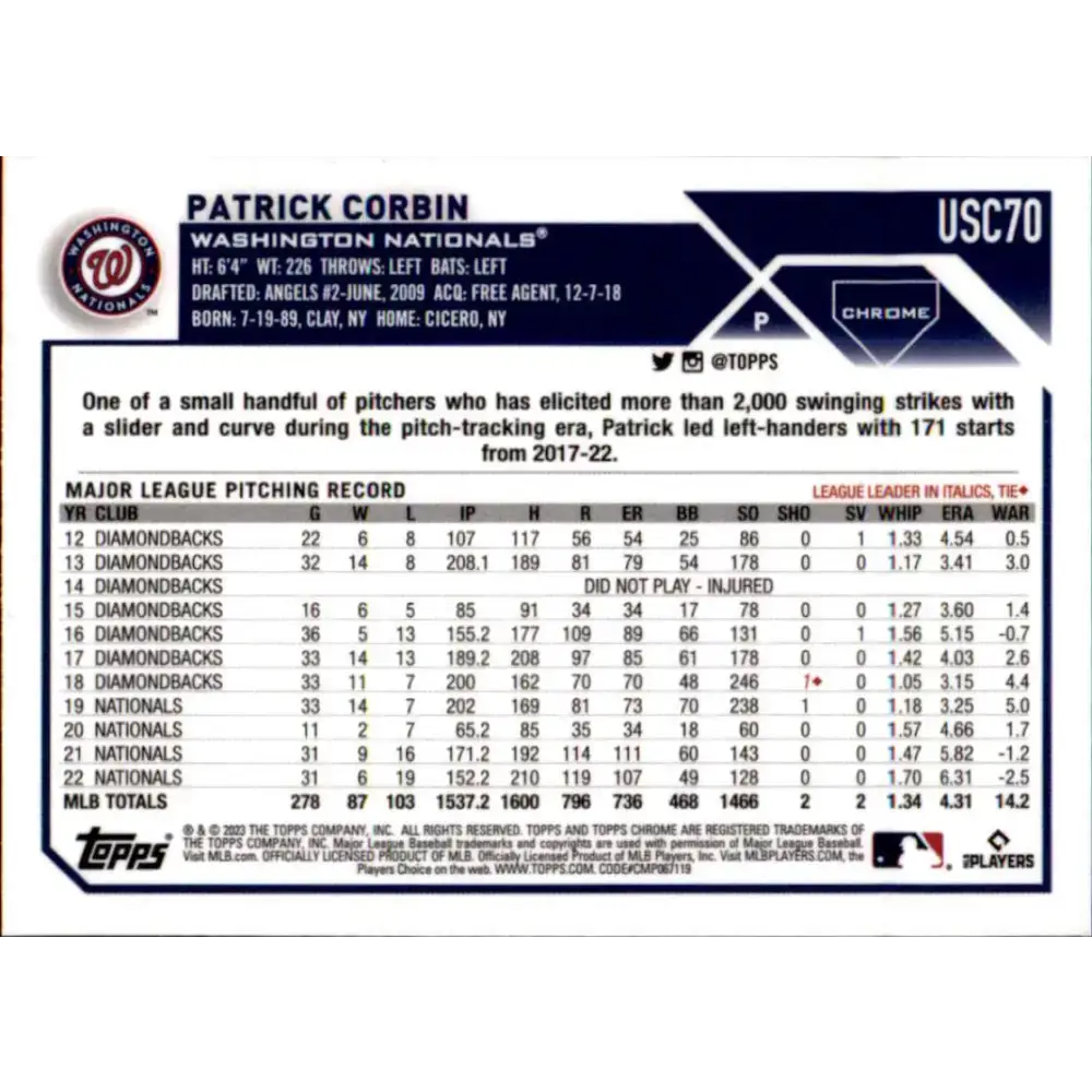 2023 Topps Chrome Update #USC70 Patrick Corbin NM-MT Washington Nationals Baseball Card - Baseball Card Single