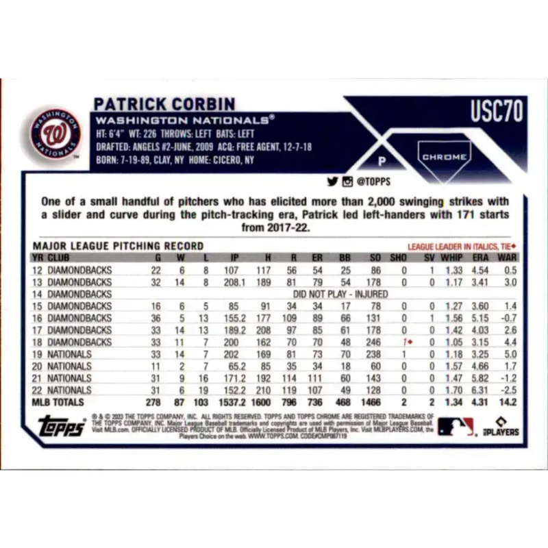 2023 Topps Chrome Update #USC70 Patrick Corbin NM-MT Washington Nationals Baseball Card - Baseball Card Single