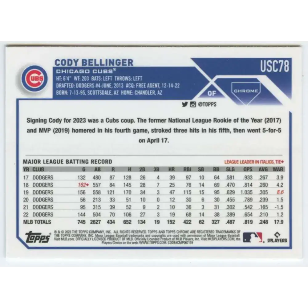 2023 Topps Chrome Update #USC78 Cody Bellinger NM-MT Chicago Cubs Baseball Card - Baseball Card Single