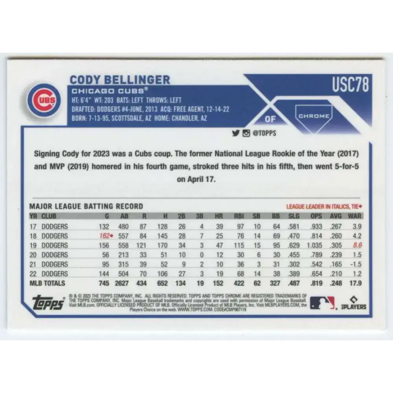2023 Topps Chrome Update #USC78 Cody Bellinger NM-MT Chicago Cubs Baseball Card - Baseball Card Single