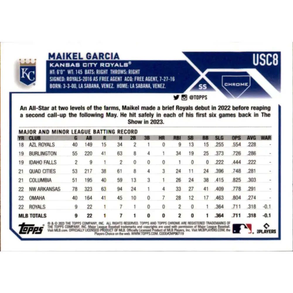 2023 Topps Chrome Update #USC8 Maikel Garcia NM-MT RC Rookie Kansas City Royals Baseball Card - Baseball Card Single