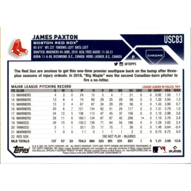 2023 Topps Chrome Update #USC83 James Paxton NM-MT Boston Red Sox Baseball Card - Baseball Card Single