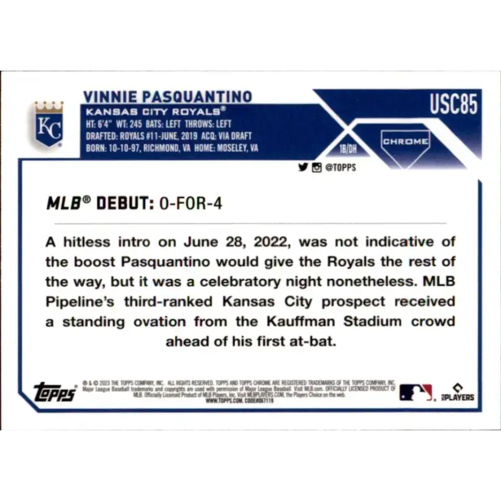 2023 Topps Chrome Update #USC85 Vinnie Pasquantino NM-MT Kansas City Royals Baseball Card - Baseball Card Single