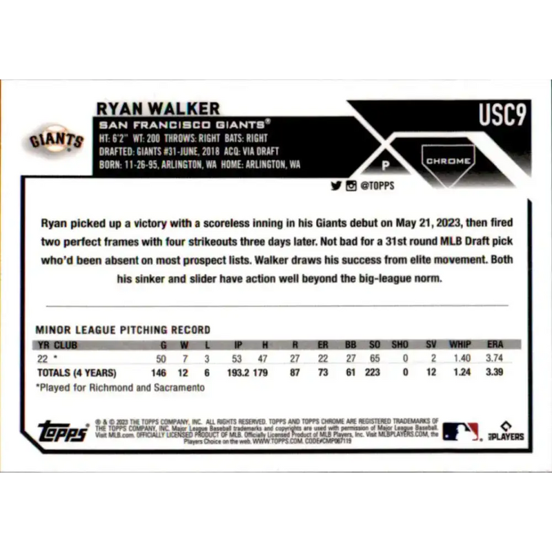 2023 Topps Chrome Update #USC9 Ryan Walker NM-MT RC Rookie San Francisco Giants Baseball Card - Baseball Card Single