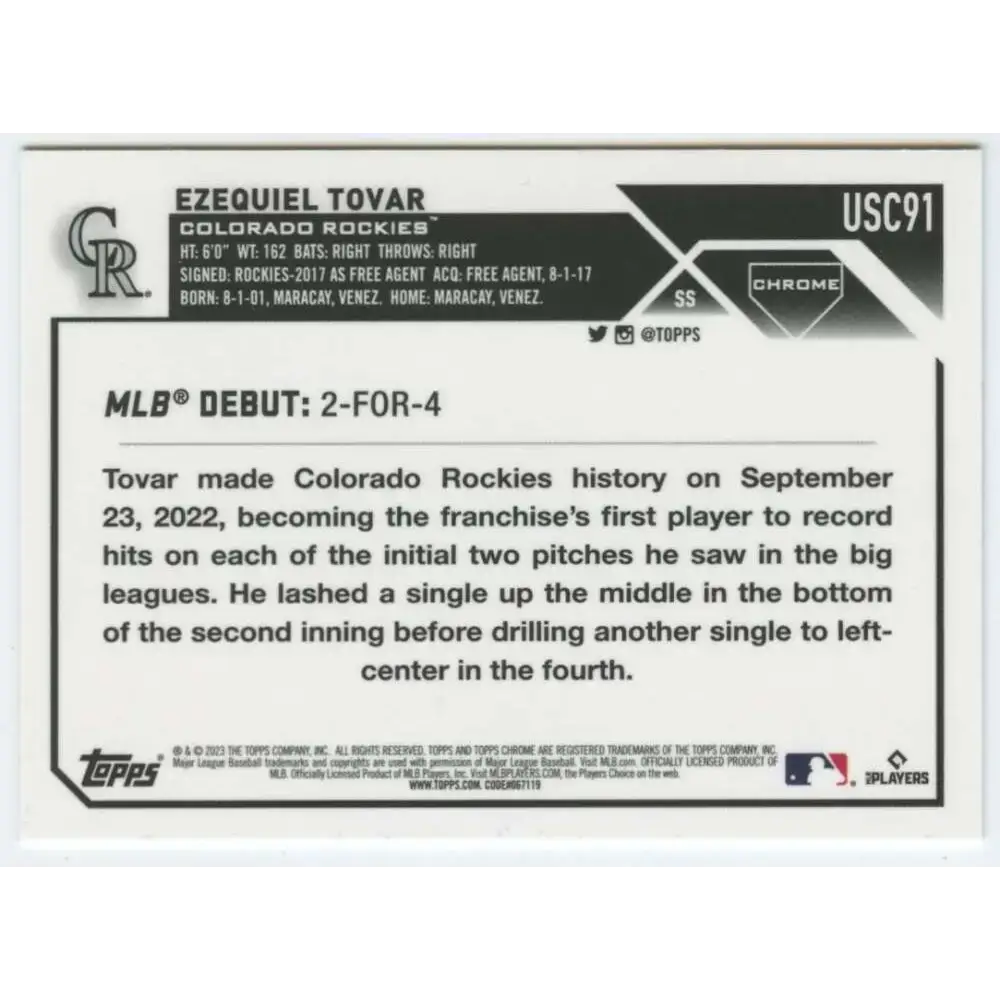 2023 Topps Chrome Update #USC91 Ezequiel Tovar NM-MT Colorado Rockies Baseball Card - Baseball Card Single