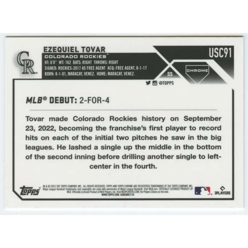 2023 Topps Chrome Update #USC91 Ezequiel Tovar NM-MT Colorado Rockies Baseball Card - Baseball Card Single