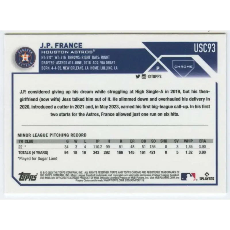 2023 Topps Chrome Update #USC93 J.P. France NM-MT RC Rookie Houston Astros Baseball Card - Baseball Card Single
