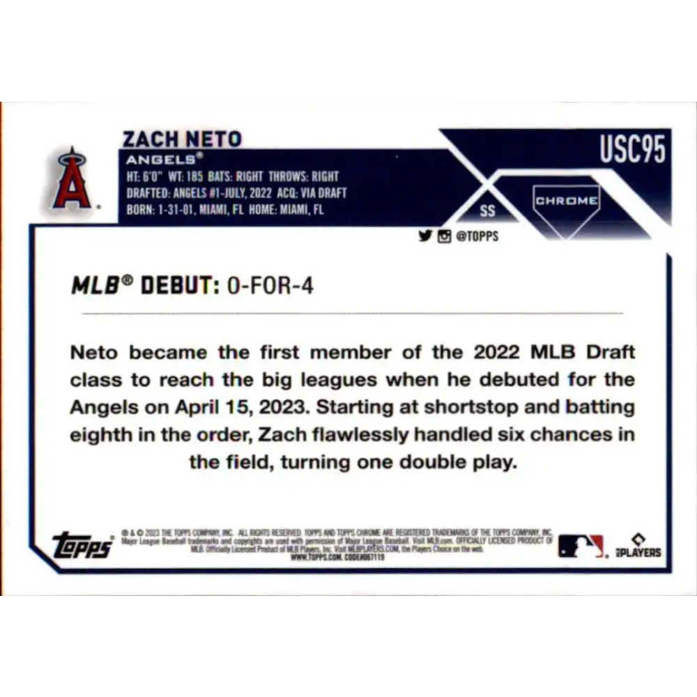 2023 Topps Chrome Update #USC95 Zach Neto NM-MT Los Angeles Angels Baseball Card - Baseball Card Single