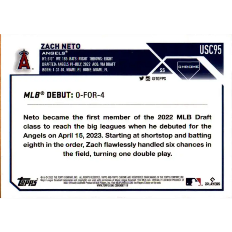 2023 Topps Chrome Update #USC95 Zach Neto NM-MT Los Angeles Angels Baseball Card - Baseball Card Single