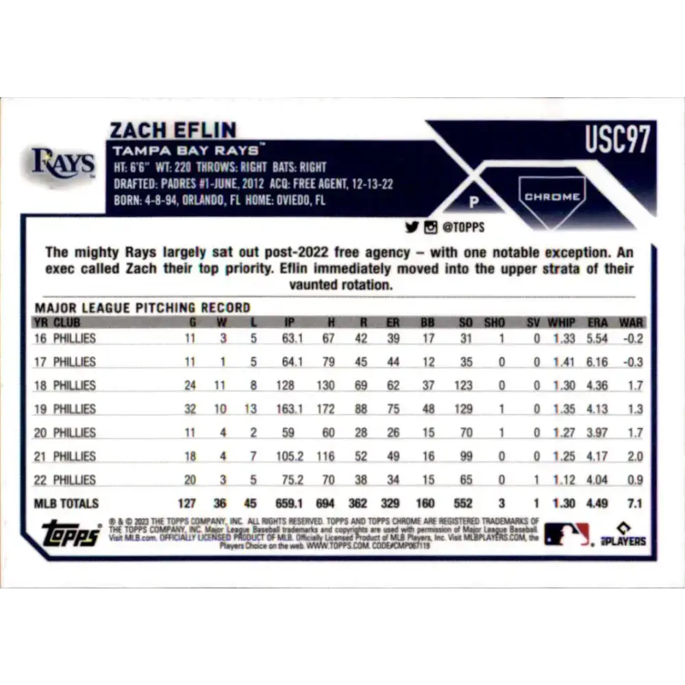 2023 Topps Chrome Update #USC97 Zach Eflin NM-MT Tampa Bay Rays Baseball Card - Baseball Card Single