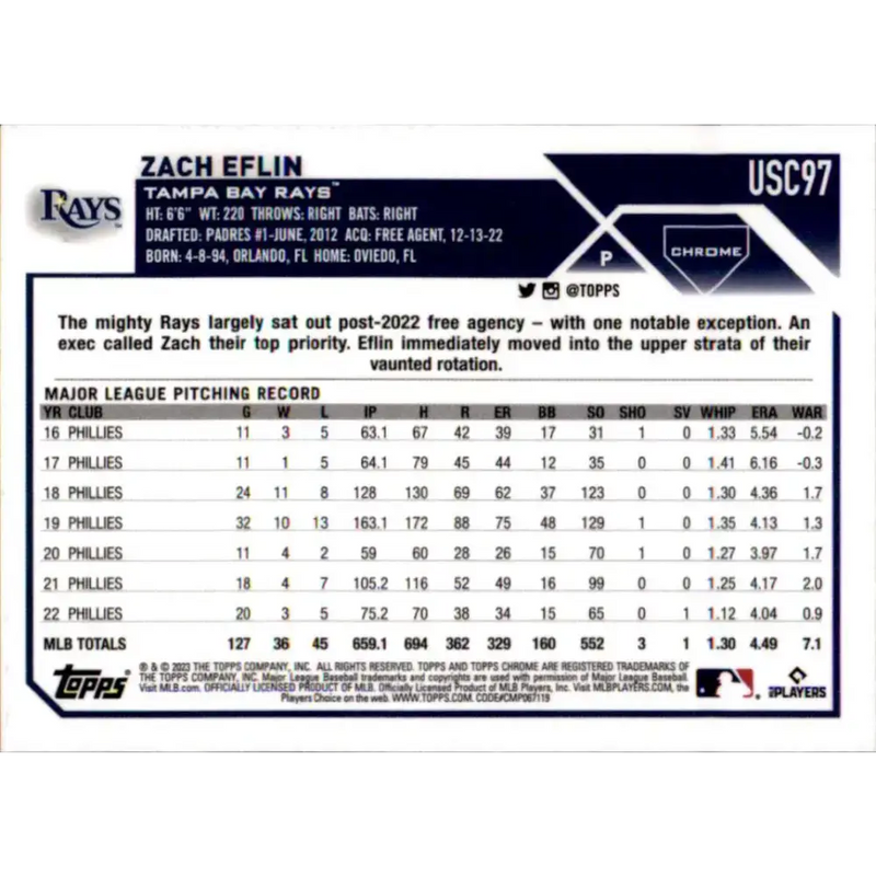 2023 Topps Chrome Update #USC97 Zach Eflin NM-MT Tampa Bay Rays Baseball Card - Baseball Card Single