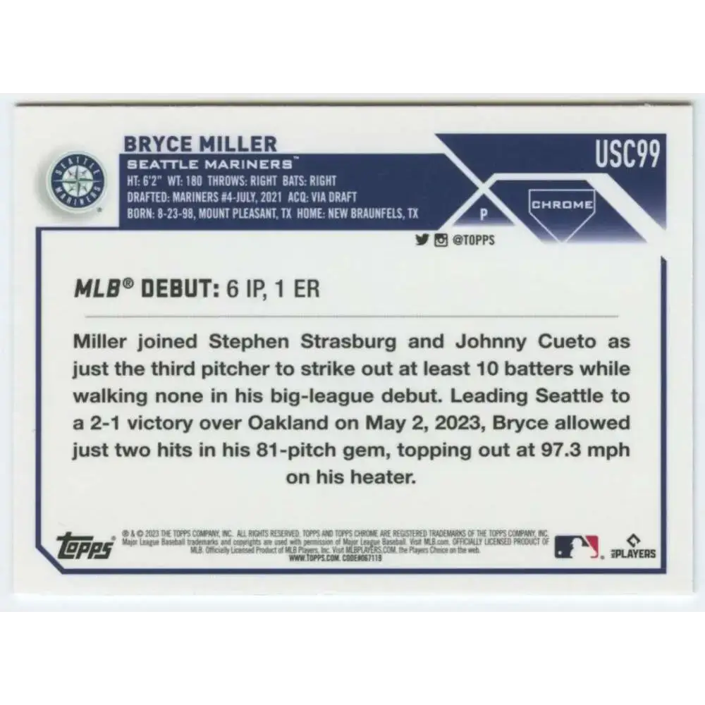 2023 Topps Chrome Update #USC99 Bryce Miller NM-MT Seattle Mariners Baseball Card - Baseball Card Single